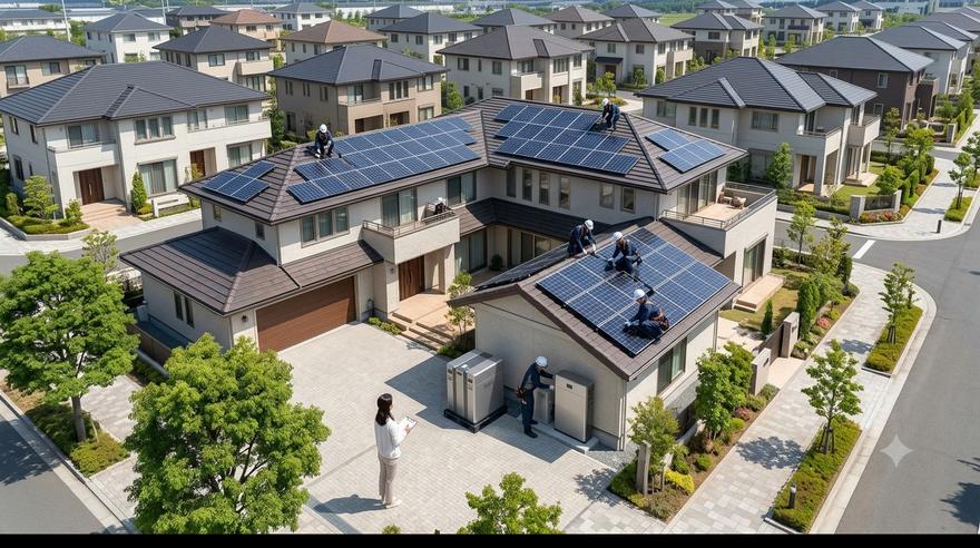 住宅街の屋根に太陽光パネルを設置する工事の様子