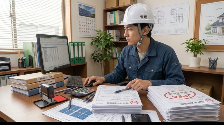 事務所で申請書類を確認する施工業者の担当者