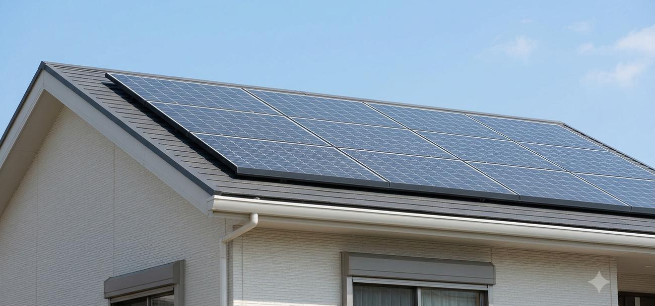 太陽光パネルを設置した住宅と家族