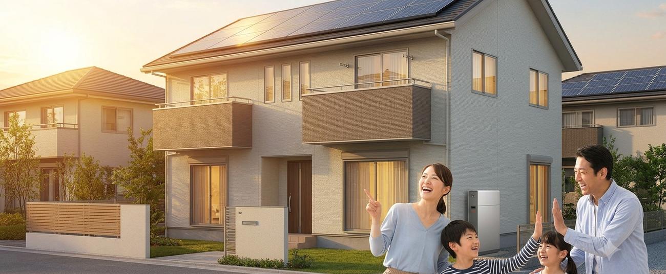 太陽光パネルを設置した住宅と家族