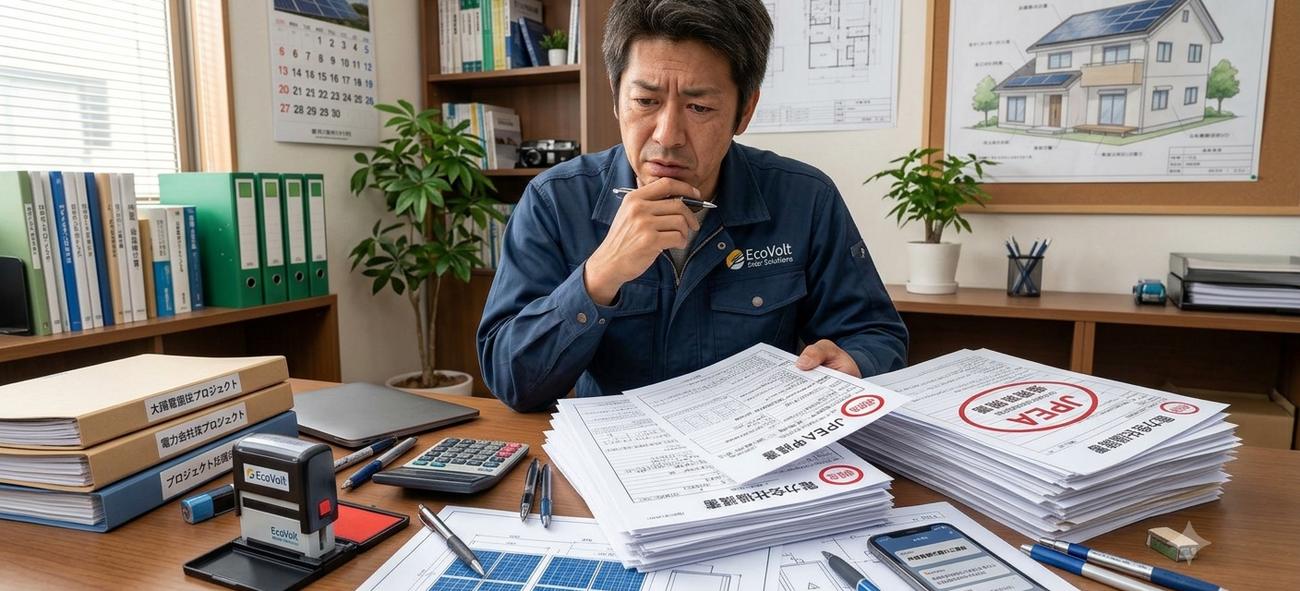 事務所で申請書類を確認する施工業者の担当者