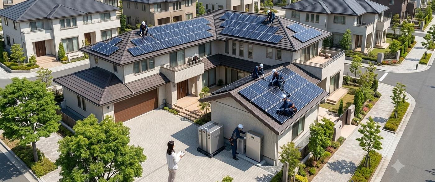 住宅街で屋根への太陽光パネル設置工事が行われている様子
